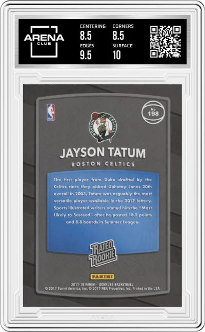 Jayson Tatum from the 2017-18 Donruss set graded by Arena Club and given an overall grade of 9.