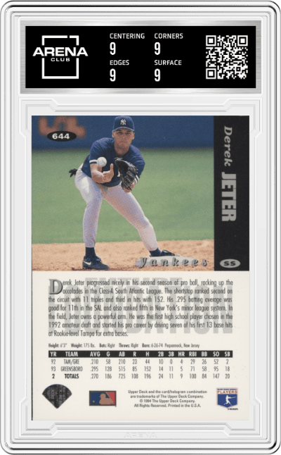 Derek Jeter from the 1994 Upper Deck Collector's Choice set graded by Arena Club and given an overall grade of 9.