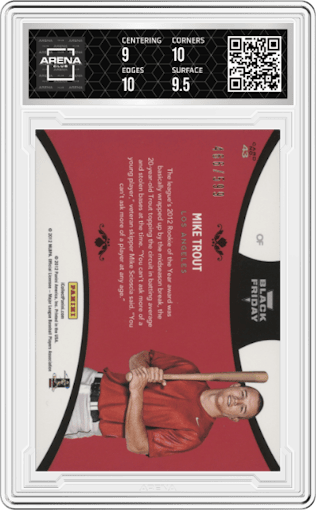 Mike Trout from the 2012 Panini Black Friday set graded by Arena Club and given an overall grade of 9.5.