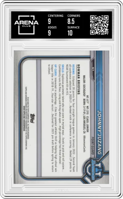 Johnny Juzang from the 2021-22 Bowman University Basketball set graded by Arena Club and given an overall grade of 9.