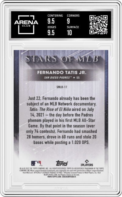 Fernando Tatis Jr. from the 2022 Topps   set graded by Arena Club and given an overall grade of 9.5.