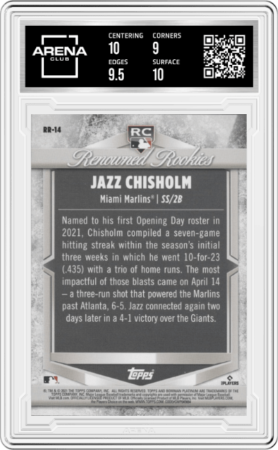 Jazz Chisholm from the 2021 Bowman Platinum set graded by Arena Club and given an overall grade of 9.5.
