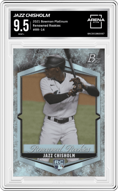 Jazz Chisholm from the 2021 Bowman Platinum set graded by Arena Club and given an overall grade of 9.5.