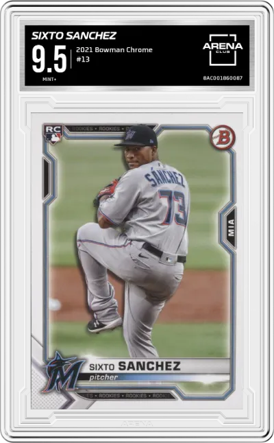 Sixto Sanchez from the 2021 Bowman Chrome  set graded by Arena Club and given an overall grade of 9.5.