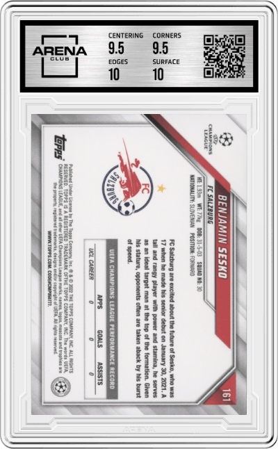 Benjamin Sesko from the 2021-22 Topps UEFA CL set graded by Arena Club and given an overall grade of 10.