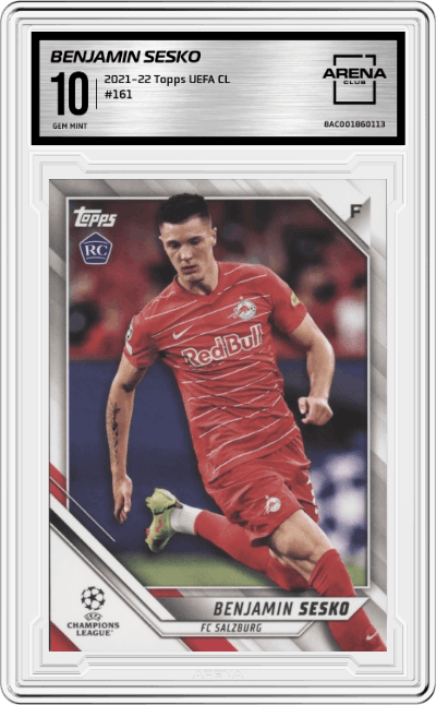 Benjamin Sesko from the 2021-22 Topps UEFA CL set graded by Arena Club and given an overall grade of 10.