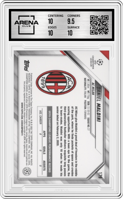 Daniel Maldini from the 2021-22 Topps UEFA CL set graded by Arena Club and given an overall grade of 10.