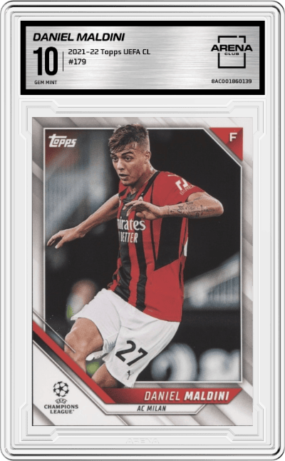 Daniel Maldini from the 2021-22 Topps UEFA CL set graded by Arena Club and given an overall grade of 10.