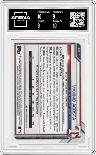 Maximo Acosta from the 2021 Bowman set graded by Arena Club and given an overall grade of 9.5.