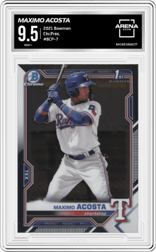 Maximo Acosta from the 2021 Bowman set graded by Arena Club and given an overall grade of 9.5.