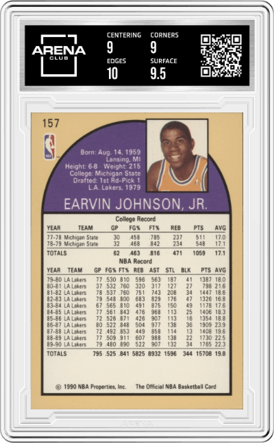 Magic Johnson from the 1990-91 NBA Hoops set graded by Arena Club and given an overall grade of 9.5.