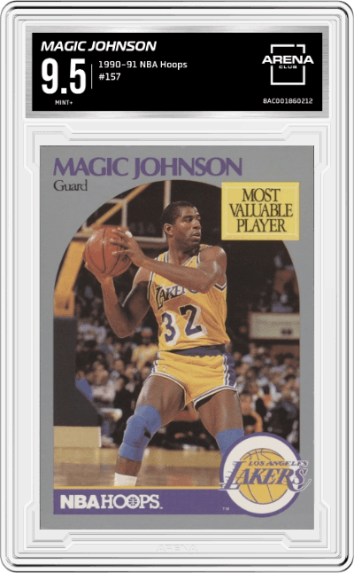 Magic Johnson from the 1990-91 NBA Hoops set graded by Arena Club and given an overall grade of 9.5.