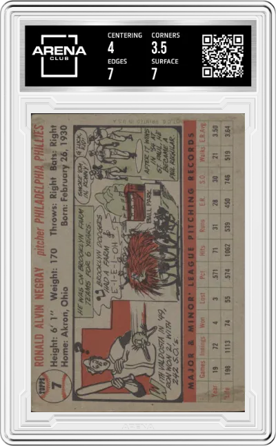 Ron Negray from the 1956 Topps set graded by Arena Club and given an overall grade of 4.