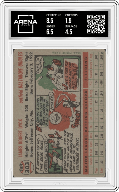 Jim Dyck from the 1956 Topps set featuring a Grey Back parallel graded by Arena Club and given an overall grade of 2.