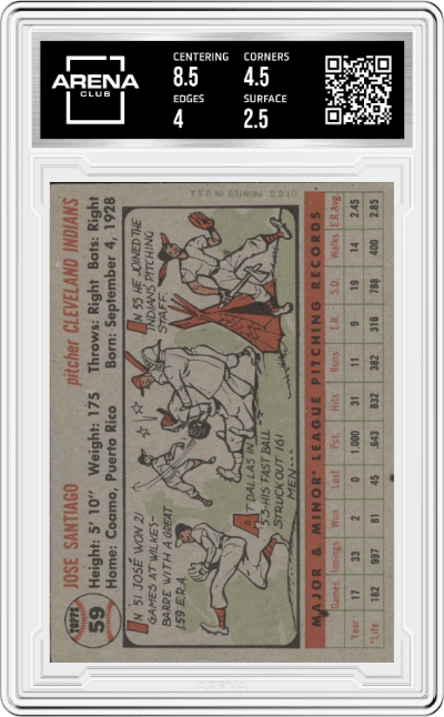 Jose Santiago from the 1956 Topps set graded by Arena Club and given an overall grade of 3.
