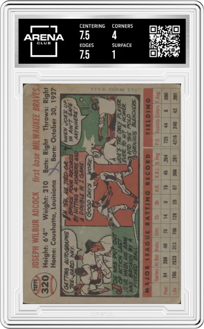 Joe Adcock from the 1956 Topps set graded by Arena Club and given an overall grade of 1.5.