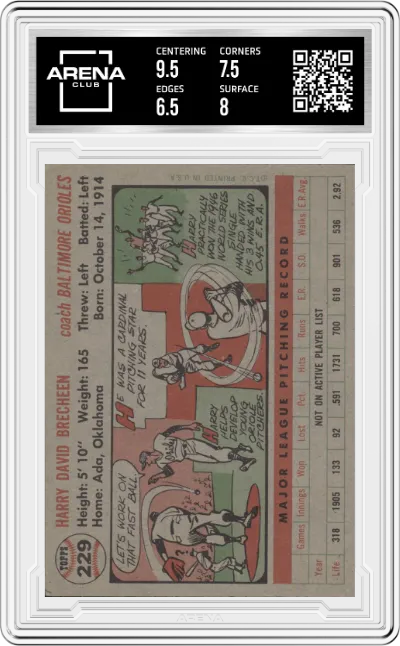 Harry Brecheen from the 1956 Topps set graded by Arena Club and given an overall grade of 7.