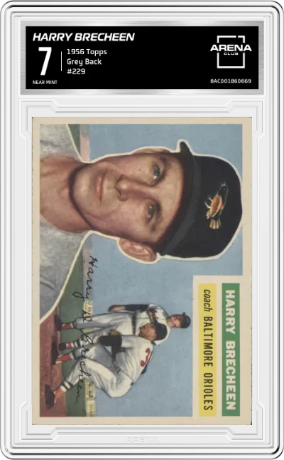 Harry Brecheen from the 1956 Topps set graded by Arena Club and given an overall grade of 7.