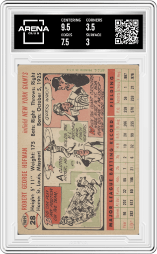 Bobby Hofman from the 1956 Topps set featuring a White Back parallel graded by Arena Club and given an overall grade of 3.5.