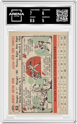 Bob Grim from the 1956 Topps set featuring a White Back parallel graded by Arena Club and given an overall grade of 5.5.
