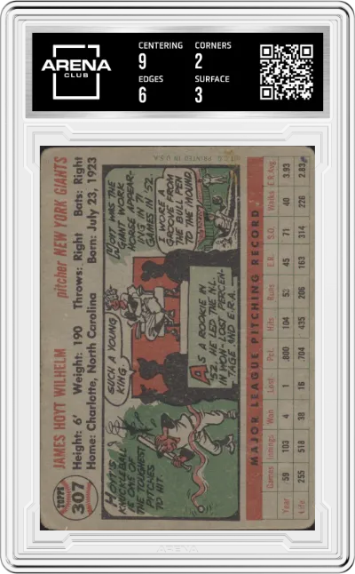 Hoyt Wilhelm from the 1956 Topps set graded by Arena Club and given an overall grade of 2.5.