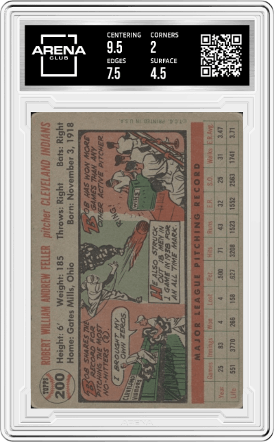 Bob Feller from the 1956 Topps set graded by Arena Club and given an overall grade of 2.5.