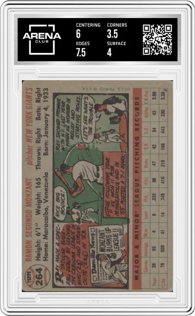Ray Monzant from the 1956 Topps set graded by Arena Club and given an overall grade of 4.