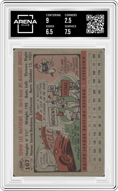 Eddie Mathews from the 1956 Topps set graded by Arena Club and given an overall grade of 3.
