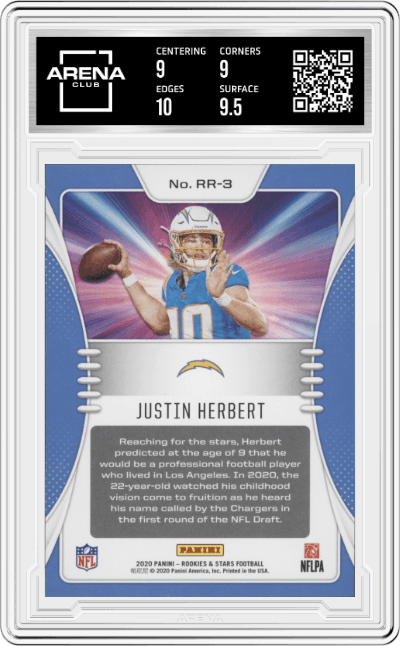 Justin Herbert from the 2020 Panini Rookies & Stars set featuring a Red parallel graded by Arena Club and given an overall grade of 9.5.