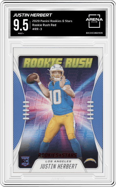 Justin Herbert from the 2020 Panini Rookies & Stars set featuring a Red parallel graded by Arena Club and given an overall grade of 9.5.