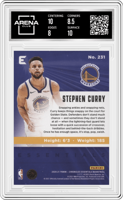 Stephen Curry from the 2020-21 Panini Chronicles set featuring a Pink parallel graded by Arena Club and given an overall grade of 8.5.