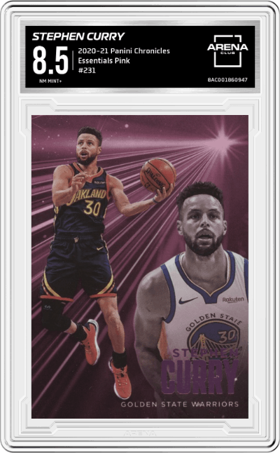 Stephen Curry from the 2020-21 Panini Chronicles set featuring a Pink parallel graded by Arena Club and given an overall grade of 8.5.
