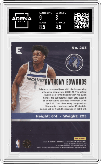 Anthony Edwards from the 2020-21 Panini Chronicles set featuring a Green parallel graded by Arena Club and given an overall grade of 8.5.