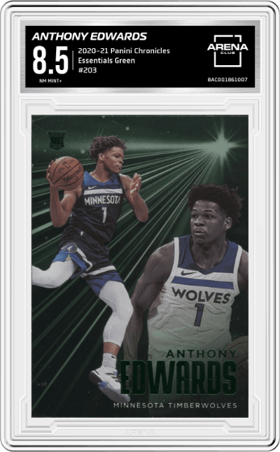 Anthony Edwards from the 2020-21 Panini Chronicles set featuring a Green parallel graded by Arena Club and given an overall grade of 8.5.