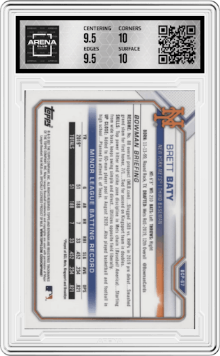 Brett Baty from the 2021 Bowman set featuring a Mojo Refractor parallel graded by Arena Club and given an overall grade of 10.