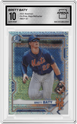 Brett Baty from the 2021 Bowman set featuring a Mojo Refractor parallel graded by Arena Club and given an overall grade of 10.