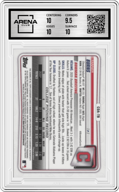 Tanner Burns from the 2020 Bowman Draft set graded by Arena Club and given an overall grade of 10.