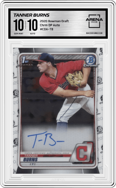 Tanner Burns from the 2020 Bowman Draft set graded by Arena Club and given an overall grade of 10.