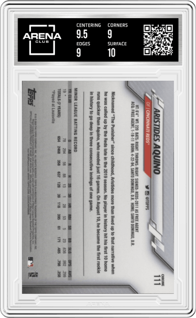Aristides Aquino from the 2020 Topps Chrome set graded by Arena Club and given an overall grade of 9.5.