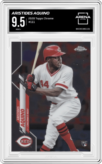 Aristides Aquino from the 2020 Topps Chrome set graded by Arena Club and given an overall grade of 9.5.