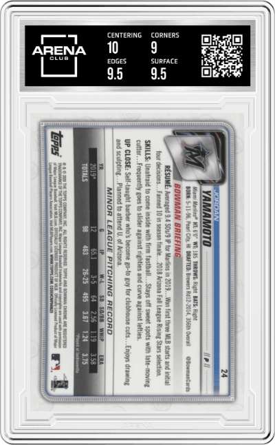 Jordan Yamamoto from the 2020 Bowman Chrome set graded by Arena Club and given an overall grade of 9.5.
