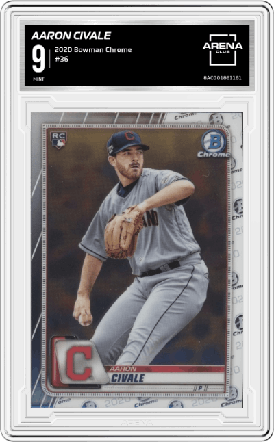 Aaron Civale from the 2020 Bowman Chrome set graded by Arena Club and given an overall grade of 9.
