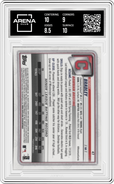 Bobby Bradley from the 2020 Bowman Chrome set graded by Arena Club and given an overall grade of 9.