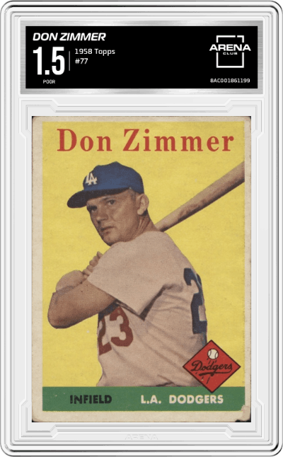 Don Zimmer from the 1958 Topps set graded by Arena Club and given an overall grade of 1.5.
