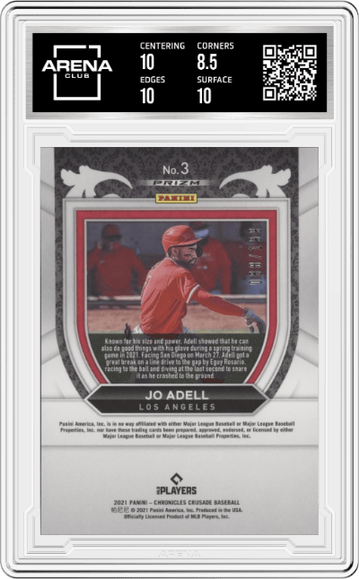 Jo Adell from the 2021 Panini Chronicles set featuring a Ruby Wave parallel graded by Arena Club and given an overall grade of 9.