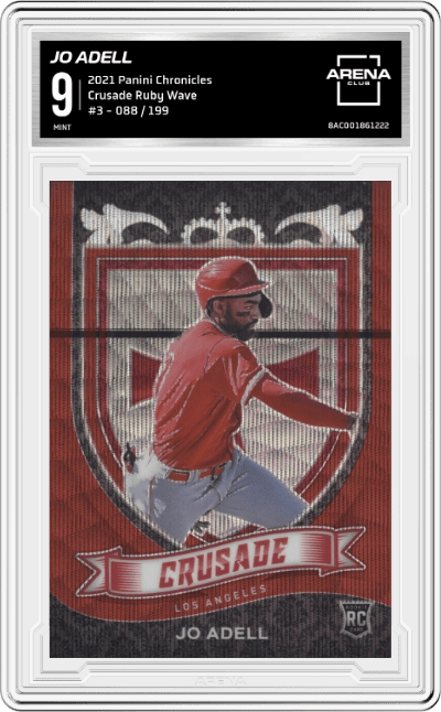 Jo Adell from the 2021 Panini Chronicles set featuring a Ruby Wave parallel graded by Arena Club and given an overall grade of 9.