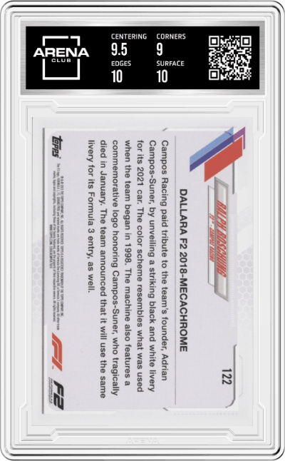 Ralph Boschung from the 2021 Topps F1 set featuring a Checker Flag parallel graded by Arena Club and given an overall grade of 9.5.