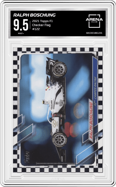 Ralph Boschung from the 2021 Topps F1 set featuring a Checker Flag parallel graded by Arena Club and given an overall grade of 9.5.