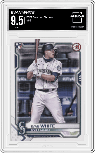 Evan White from the 2021 Bowman Chrome  set graded by Arena Club and given an overall grade of 9.5.