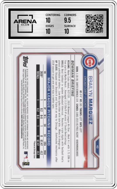 Brailyn Marquez from the 2021 Bowman set graded by Arena Club and given an overall grade of 10.